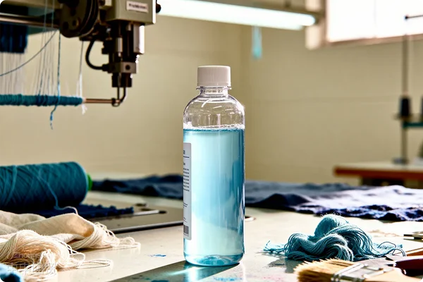 A transparent plastic bottle (with a white cap) containing light blue textile dyeing auxiliaries is placed on the workbench in a textile workshop. In the background, we can see textile machinery, blue yarn rolls, fabrics, yarn balls, brushes, and other textile tools/materials, which vividly demonstrate the application scenarios of the auxiliaries in the textile dyeing process. 